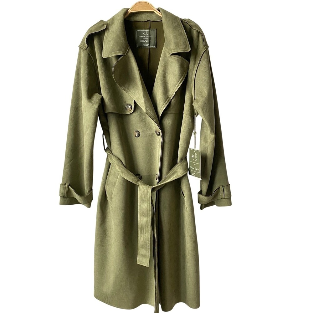 Love for Humanity Double Breasted Couture Trench Coat Women L Olive Faux Suede - Picture 2 of 13